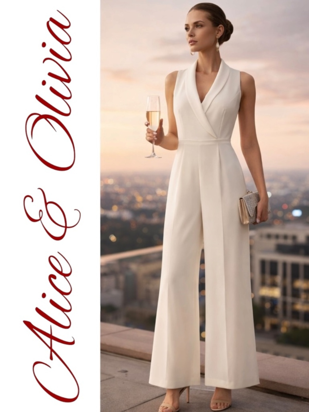Alice + Olivia NWT Ivory Wide Leg Jumpsuit Shawl Collar Bridal Minimalist Sz 12
